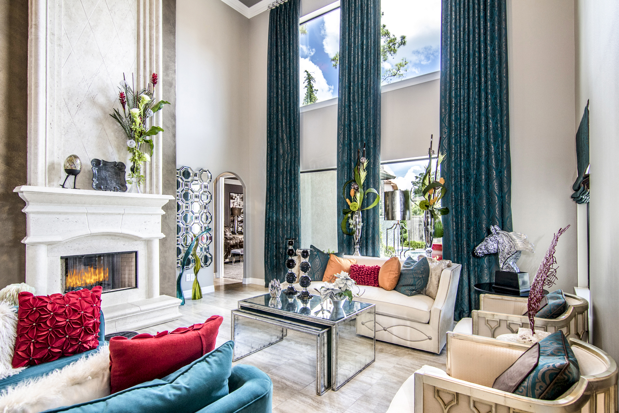 Bright luxury living room photographed with a wide real estate composition
